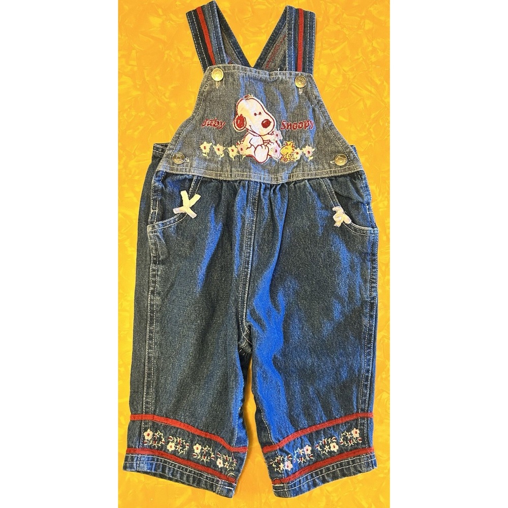 VTG Baby Snoopy & Woodstock 90s Y2K Denim Overalls Embroidered Sz. 6-9 M
